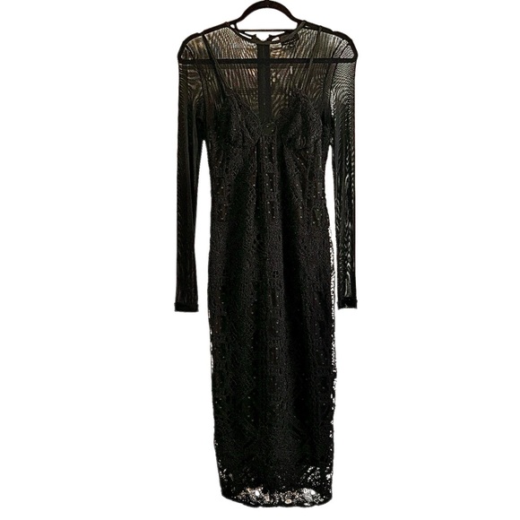 BARDOT Nicolette Long Sleeve Lace Midi Dress, Crotchet Lace, Black, Size S/4 - Picture 3 of 15